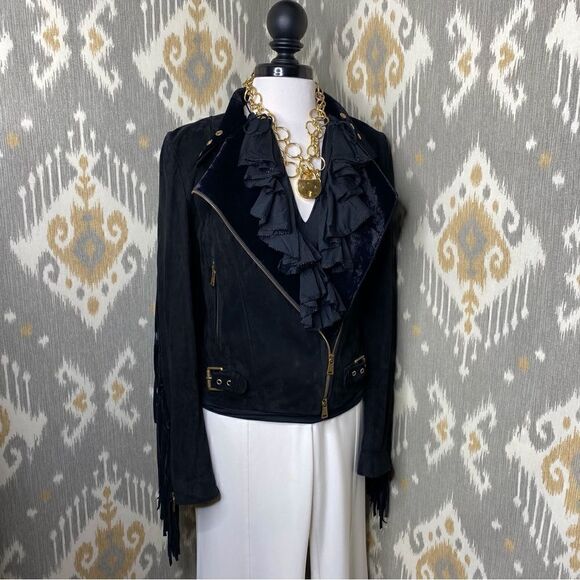 Ralph Lauren Fall ‘16 Runway Collection Black Suede & Velvet Fringed Moto Jacket - Picture 7 of 16
